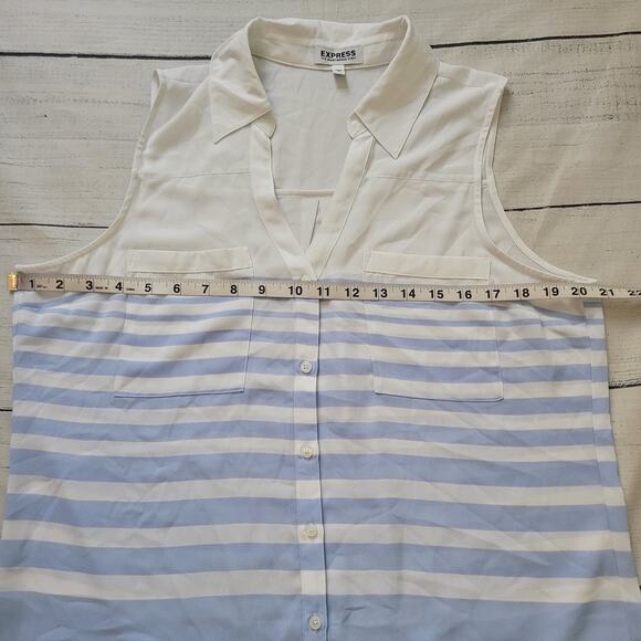 Express Size L Blue White Sleeveless Portofino Collared Button Up Blouse - Picture 5 of 7